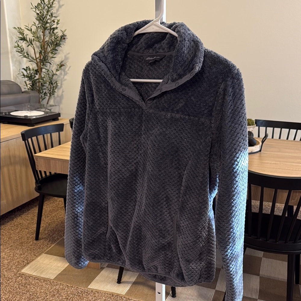 Eddie Bauer Blue-Gray Teddy Jacket Plush Fleece High Collar